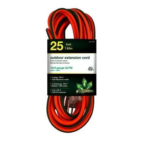 Gogreen SJTW Extension Cord, 16 AWG, Outdoor, 16/3, 1 Outlets, Orange, 25 ft GG-13725